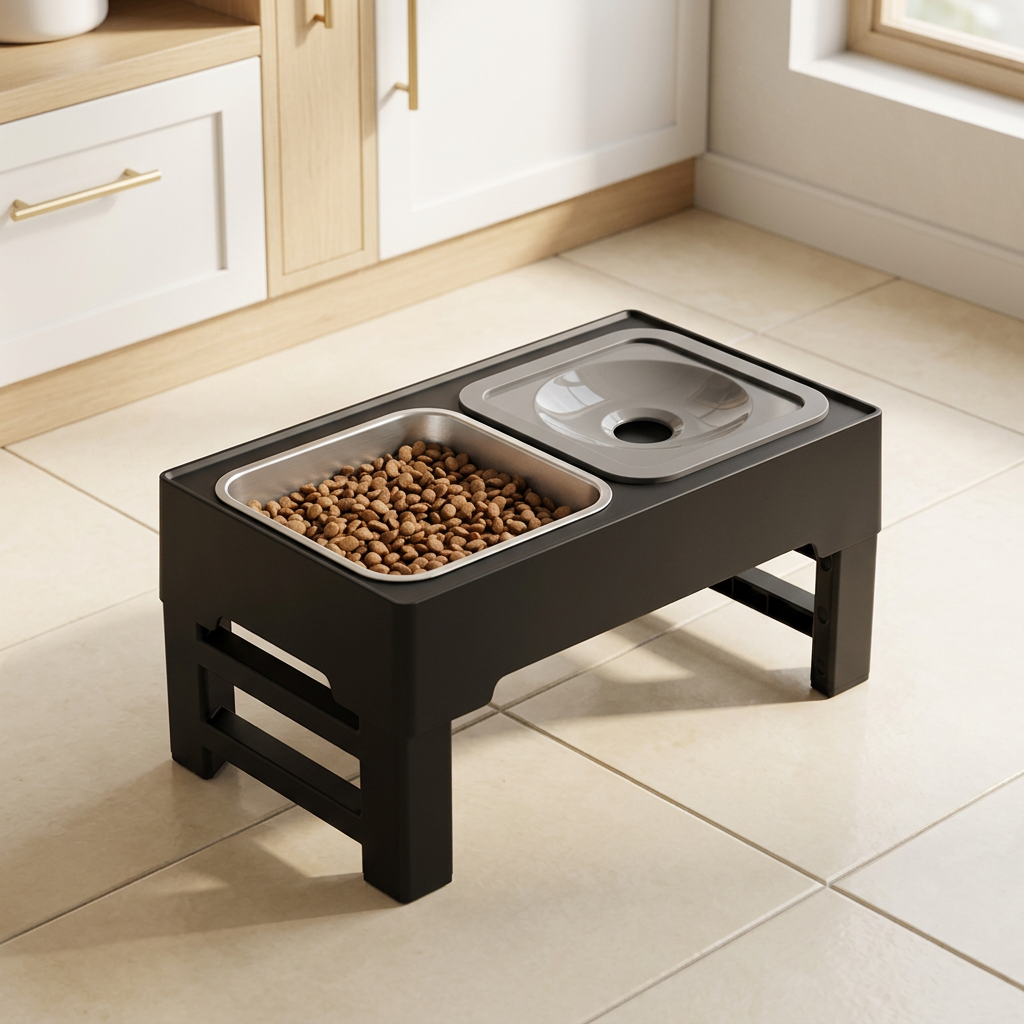 Adjustable Elevated Dog Bowl Stand with No-Spill Water Bowl, Silver