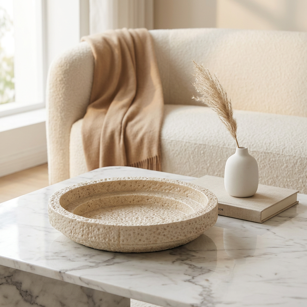 Travertine-Look Arch Sculpture, Decorative Shelf Accent, Beige