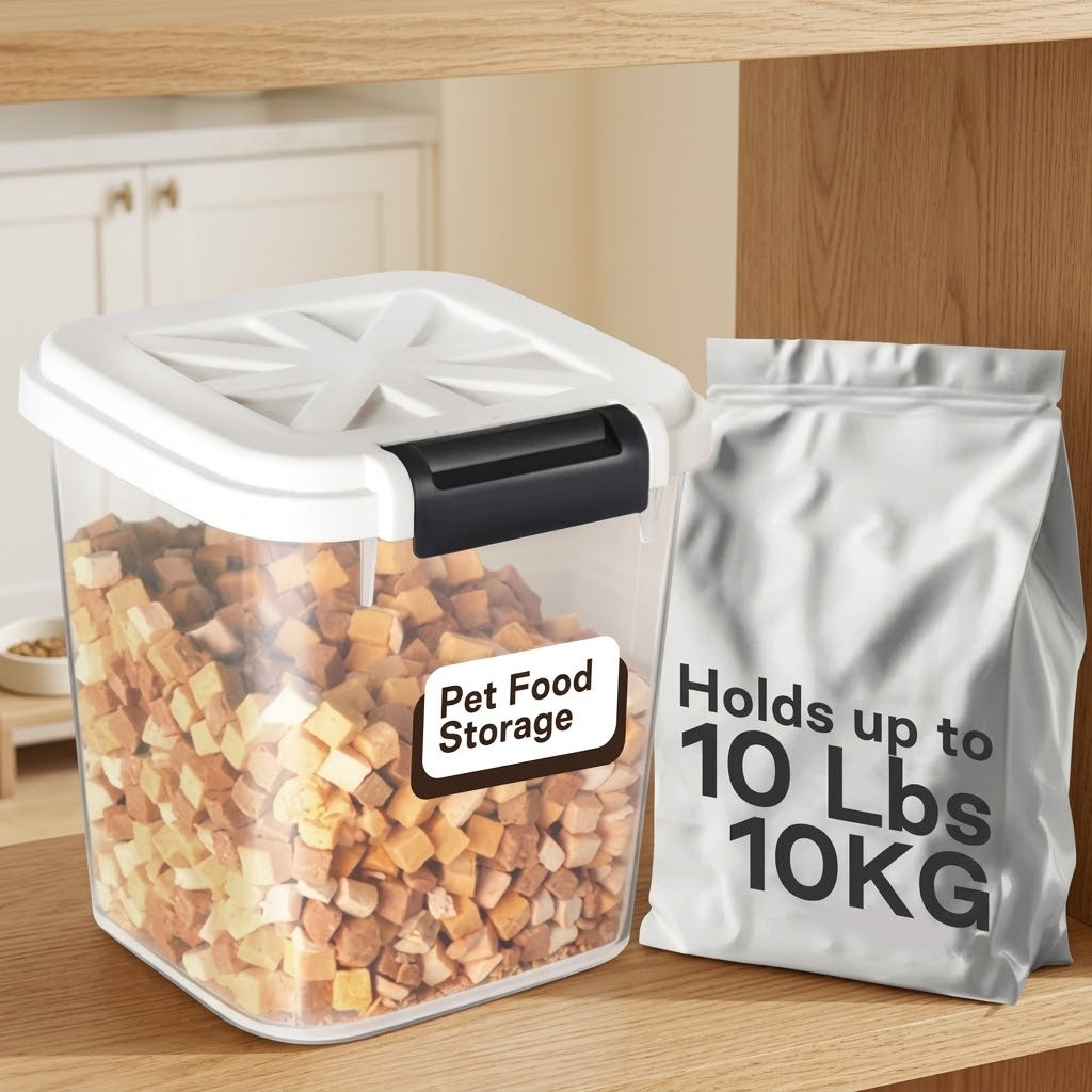 Airtight Pet Food Storage Bin with Measuring Cup, 10 lb, White