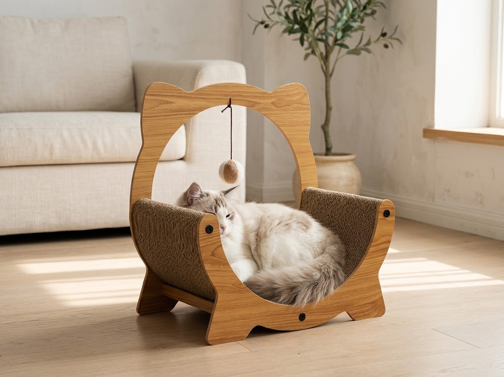 C-Shape Cardboard Cat Scratcher Lounger with Ball Toy and Catnip