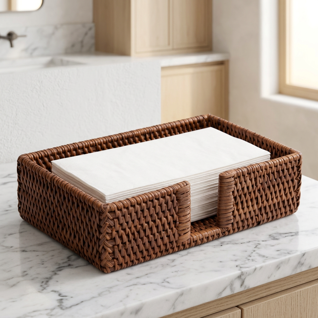 Rattan Guest Towel Holder and Napkin Tray, 9.4 x 5.9 in, Dark Brown