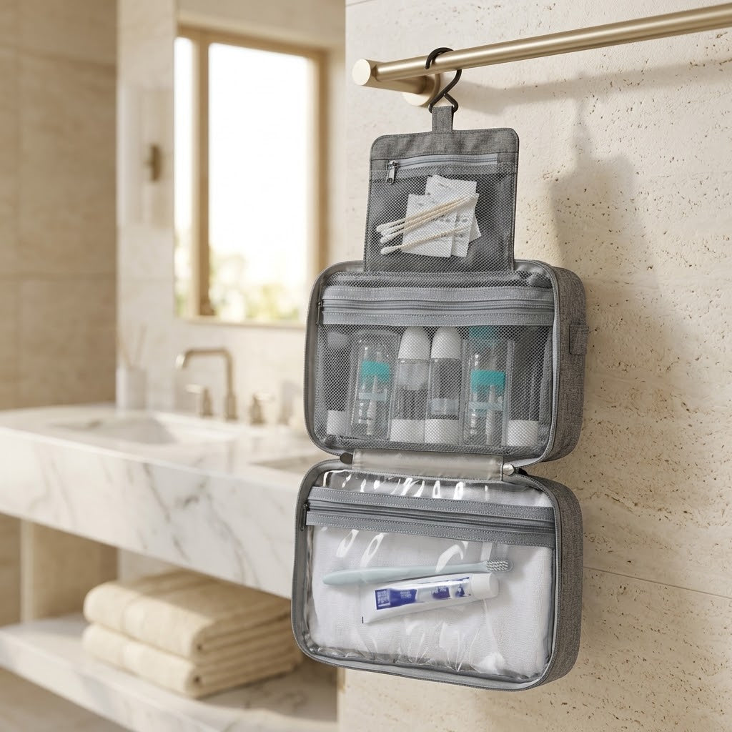 Waterproof Hanging Toiletry Bag, Cube Shape, Grey