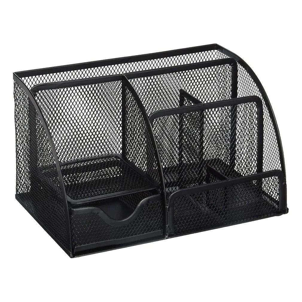 Metal Mesh Desktop Organizer with Seven Compartments for Pens and Files