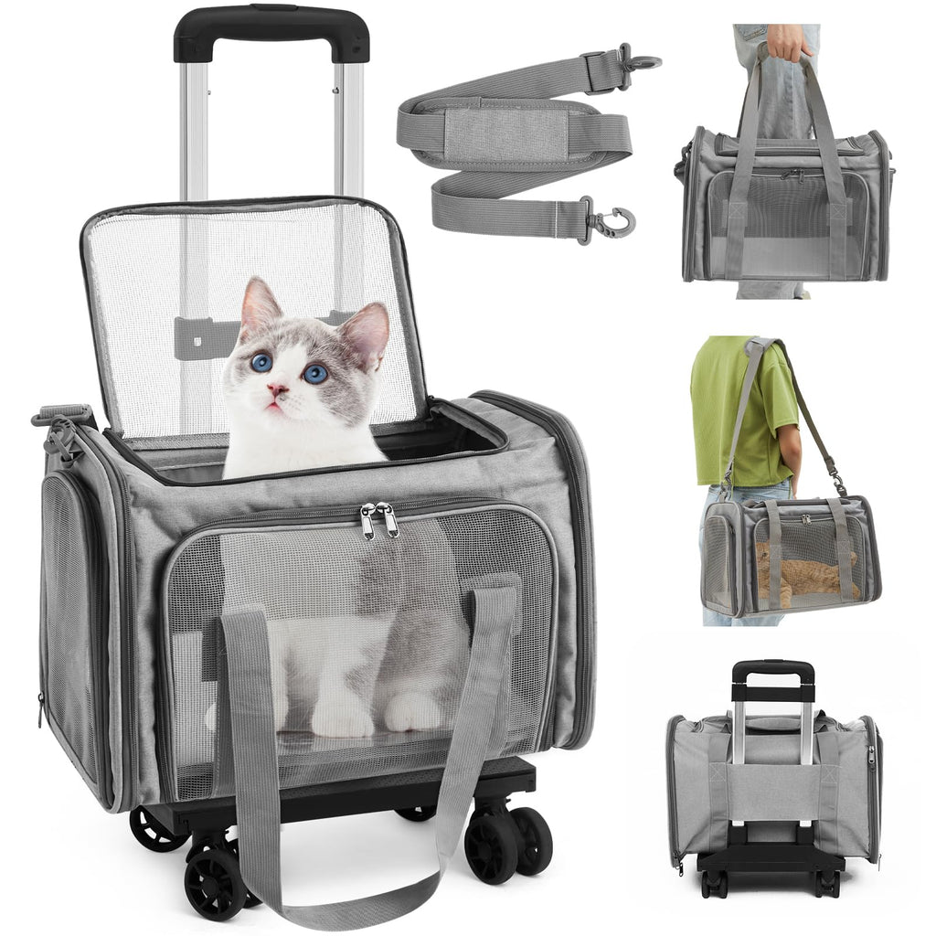 Foldable Rolling Cat Carrier with Wheels, Breathable, Up to 18 lb