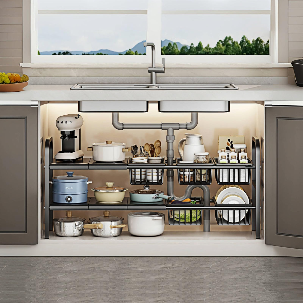 X-Large 2-Tier Expandable Under-Sink Organizer with 5 Baskets, Black