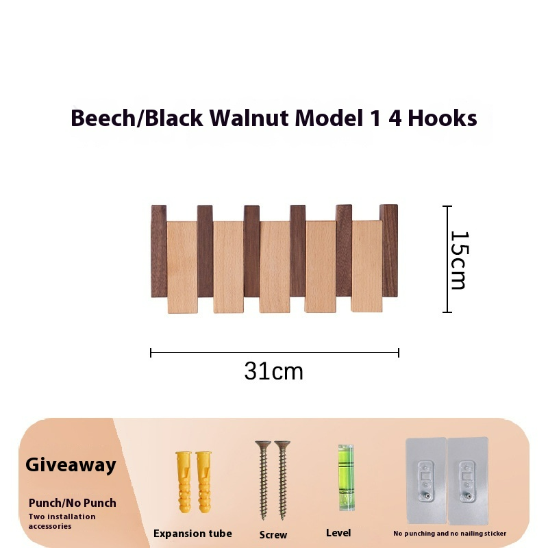 Wall-Mounted Wooden Key and Coat Hook Rack, 4 to 12 Hooks
