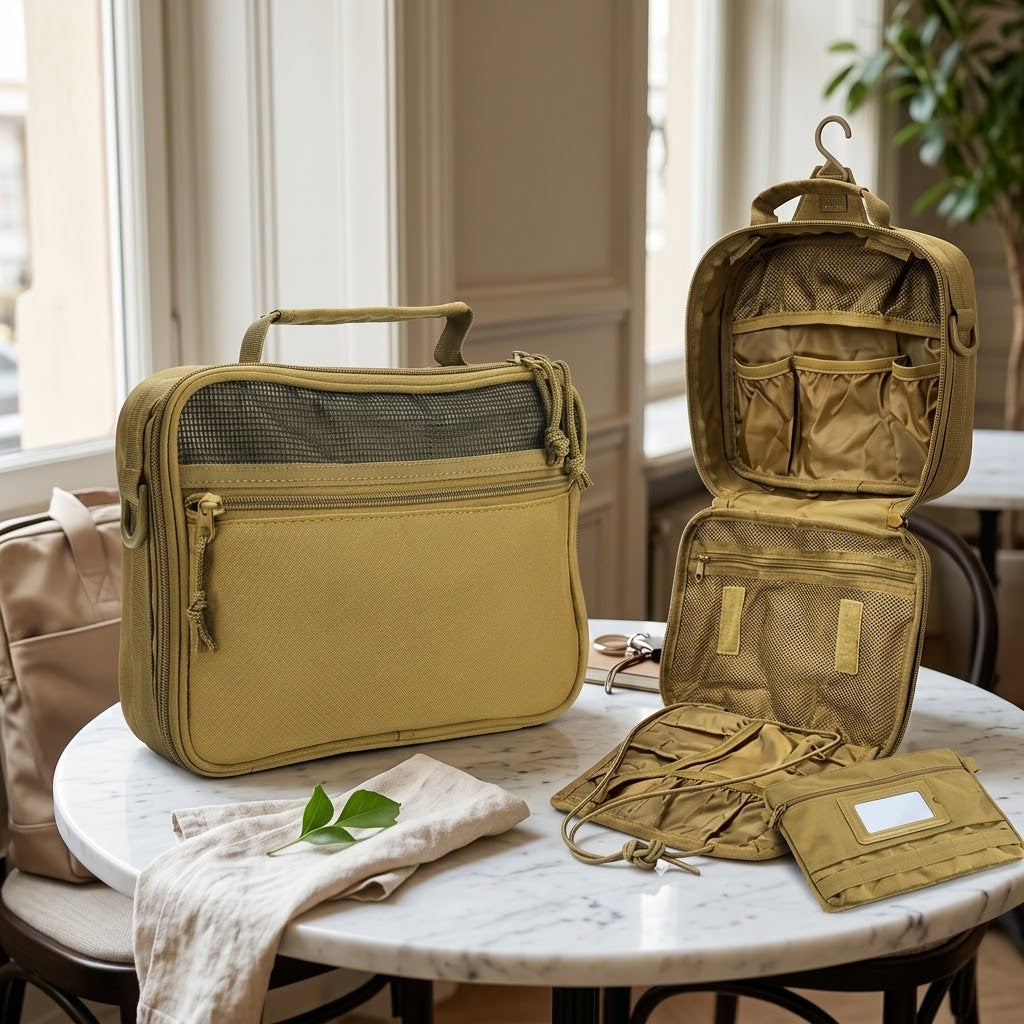 Hanging Travel Toiletry Bag with Removable Mirror Pouch, Khaki