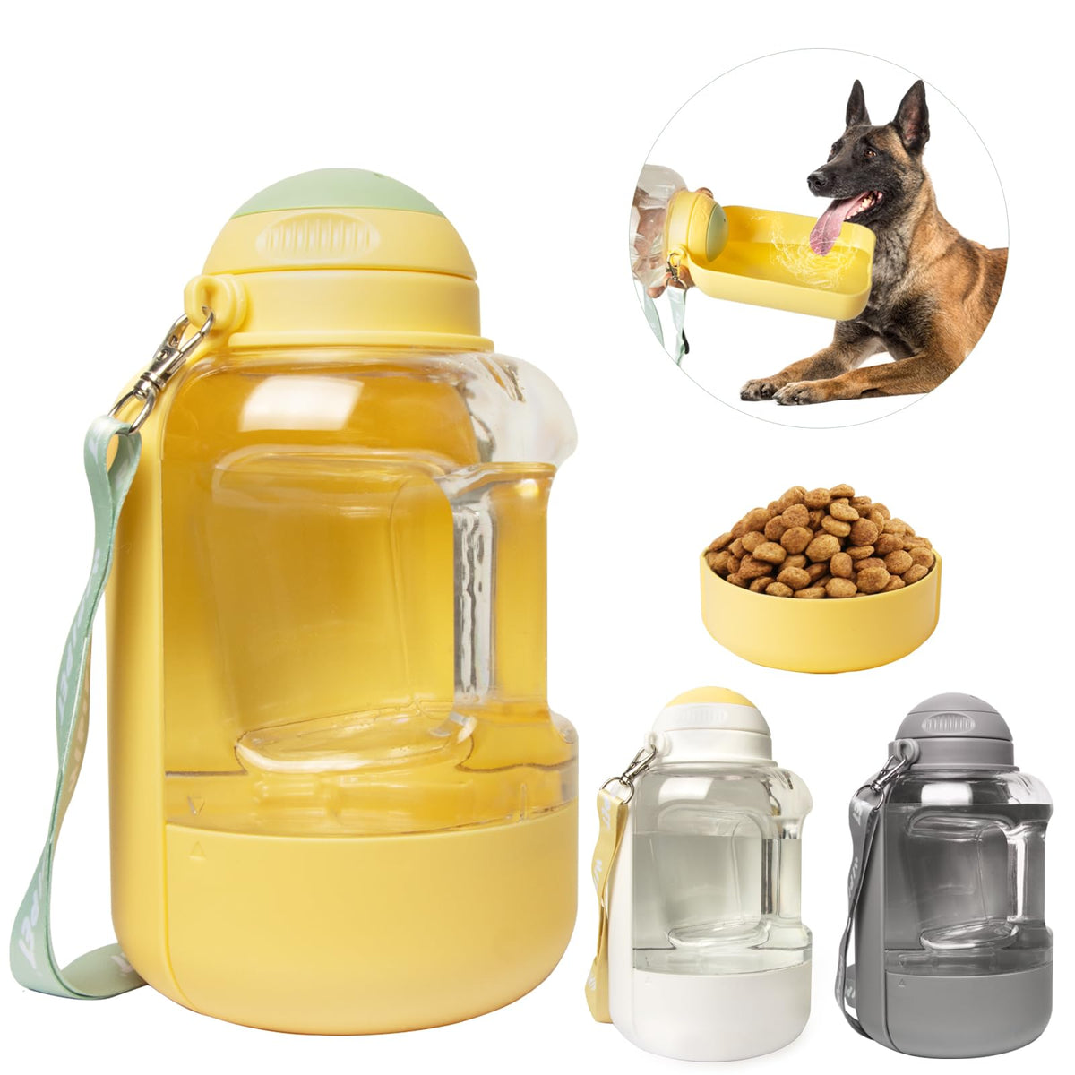 Dog Water Bottle with Food Container and Wide Trough, 35 oz, Yellow
