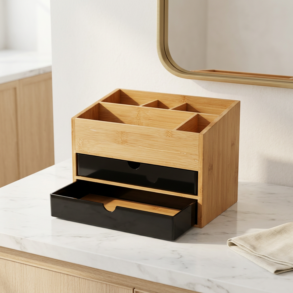 Bamboo Cosmetic Drawer Box, Single or Double Layer, White or Black