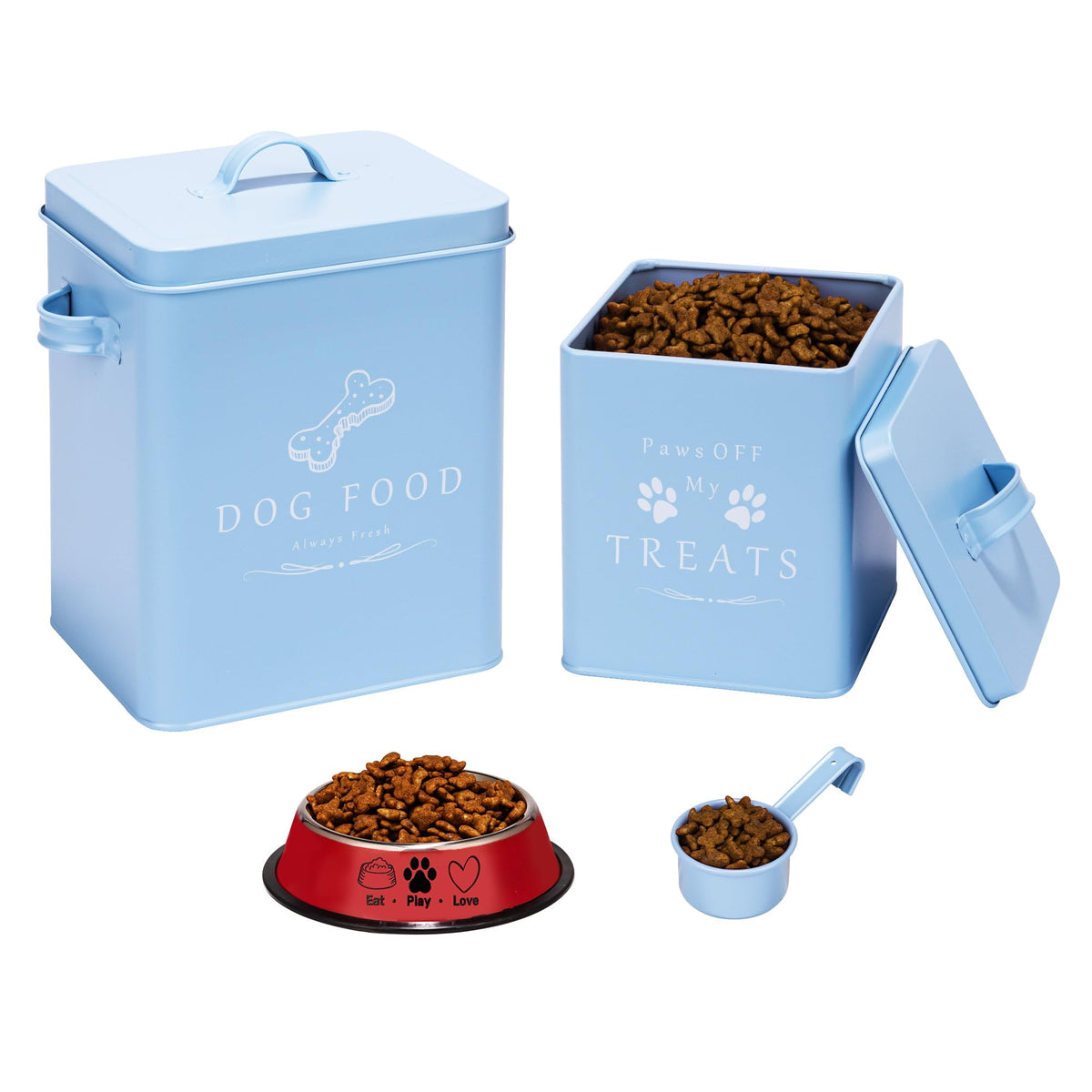 Farmhouse Metal Pet Food and Treat Container Set with Scoop, Matte Blue