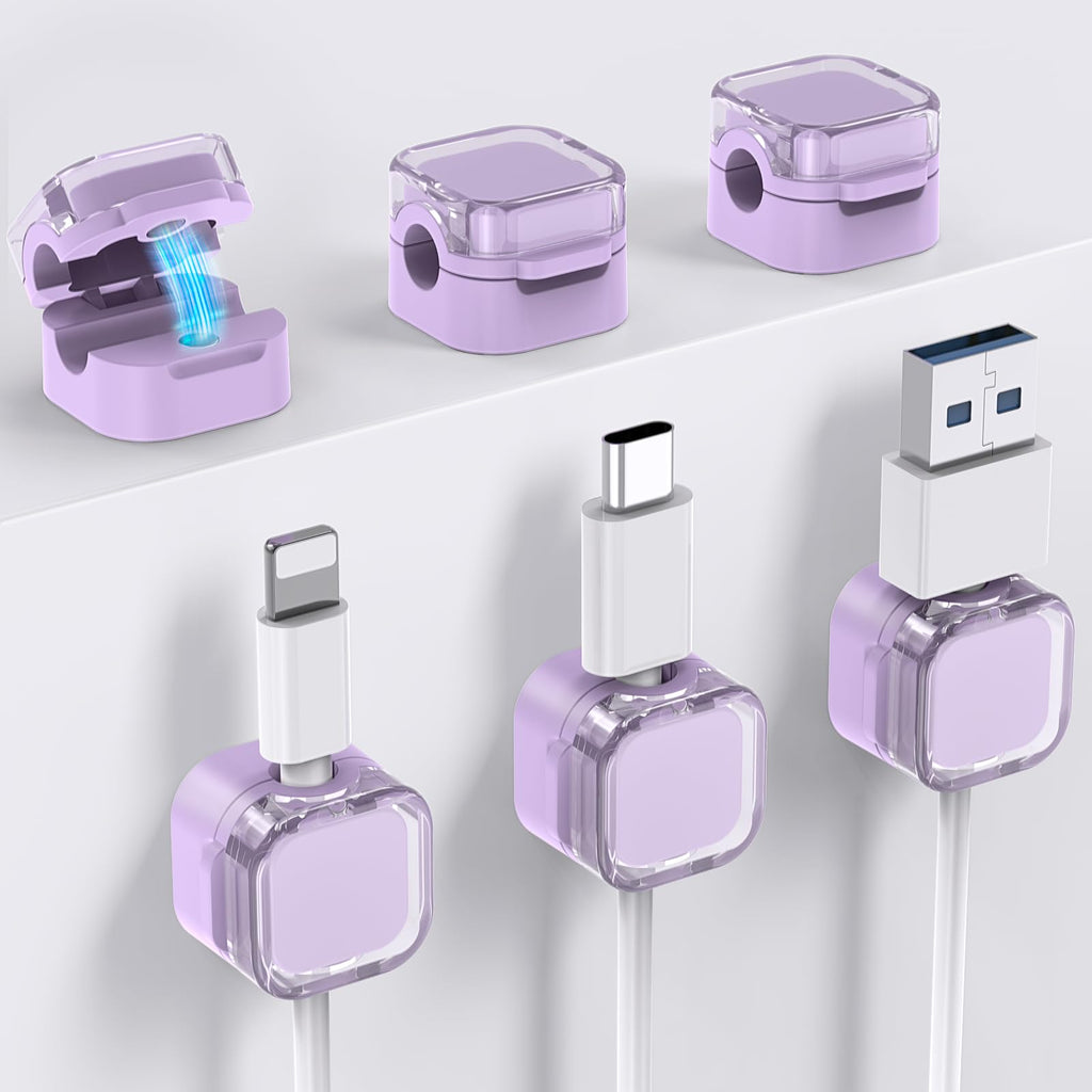 Magnetic Lock Cable Clips with Rotating Shaft, 6 Pack, Lavender