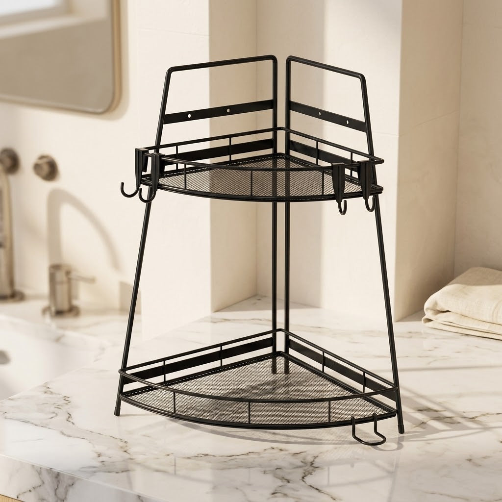 2-Tier Metal Corner Bathroom Counter Organizer with Hooks, Black