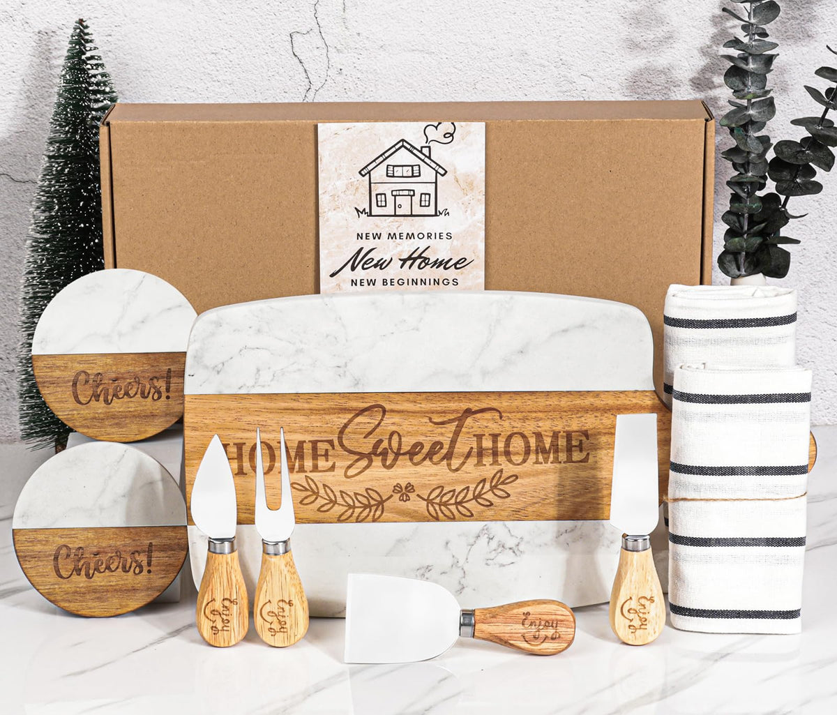 11-Piece Housewarming Gift Set, Marble and Acacia Board and Coasters