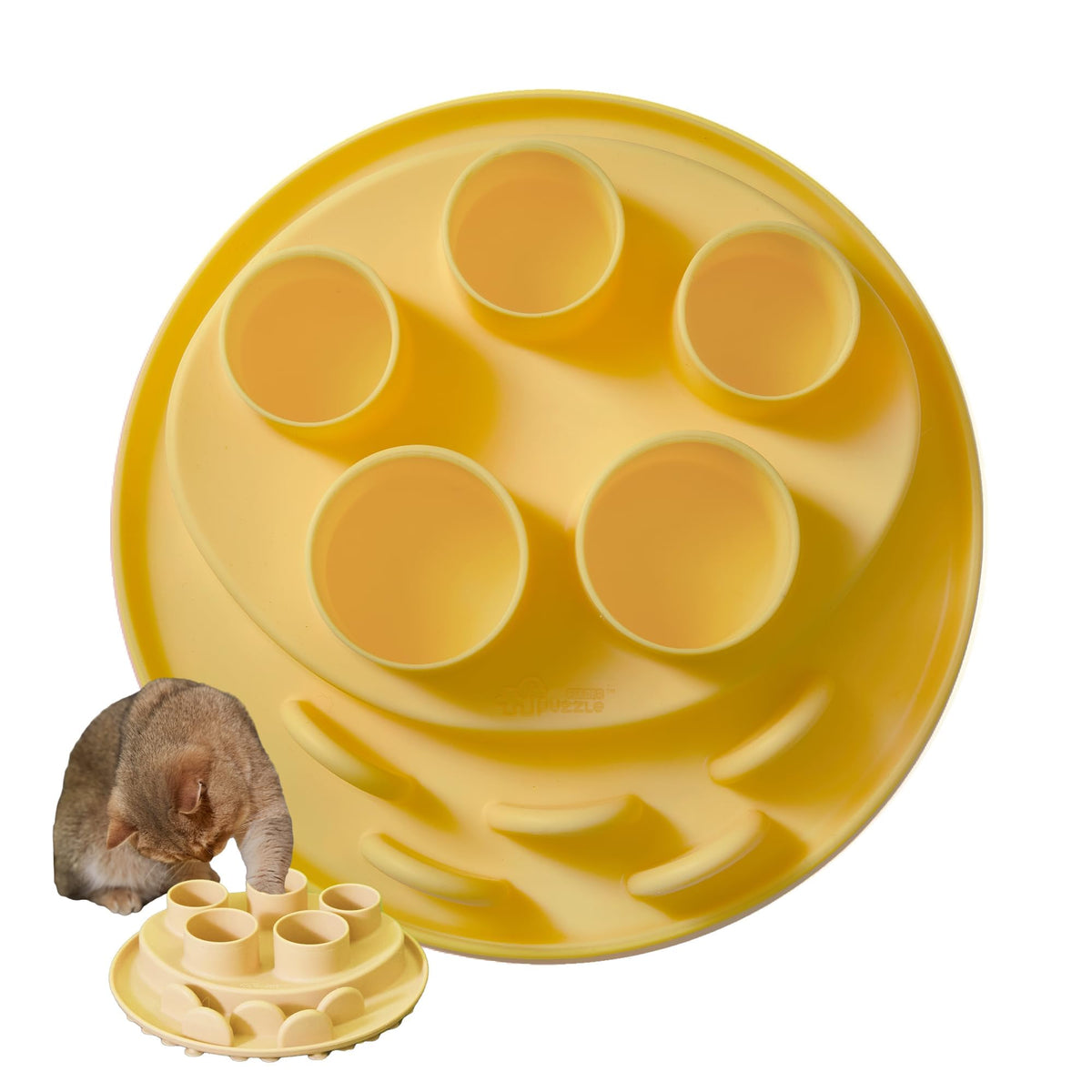 Cat Puzzle Feeder Mat with Slow-Feeding Ridges, Yellow