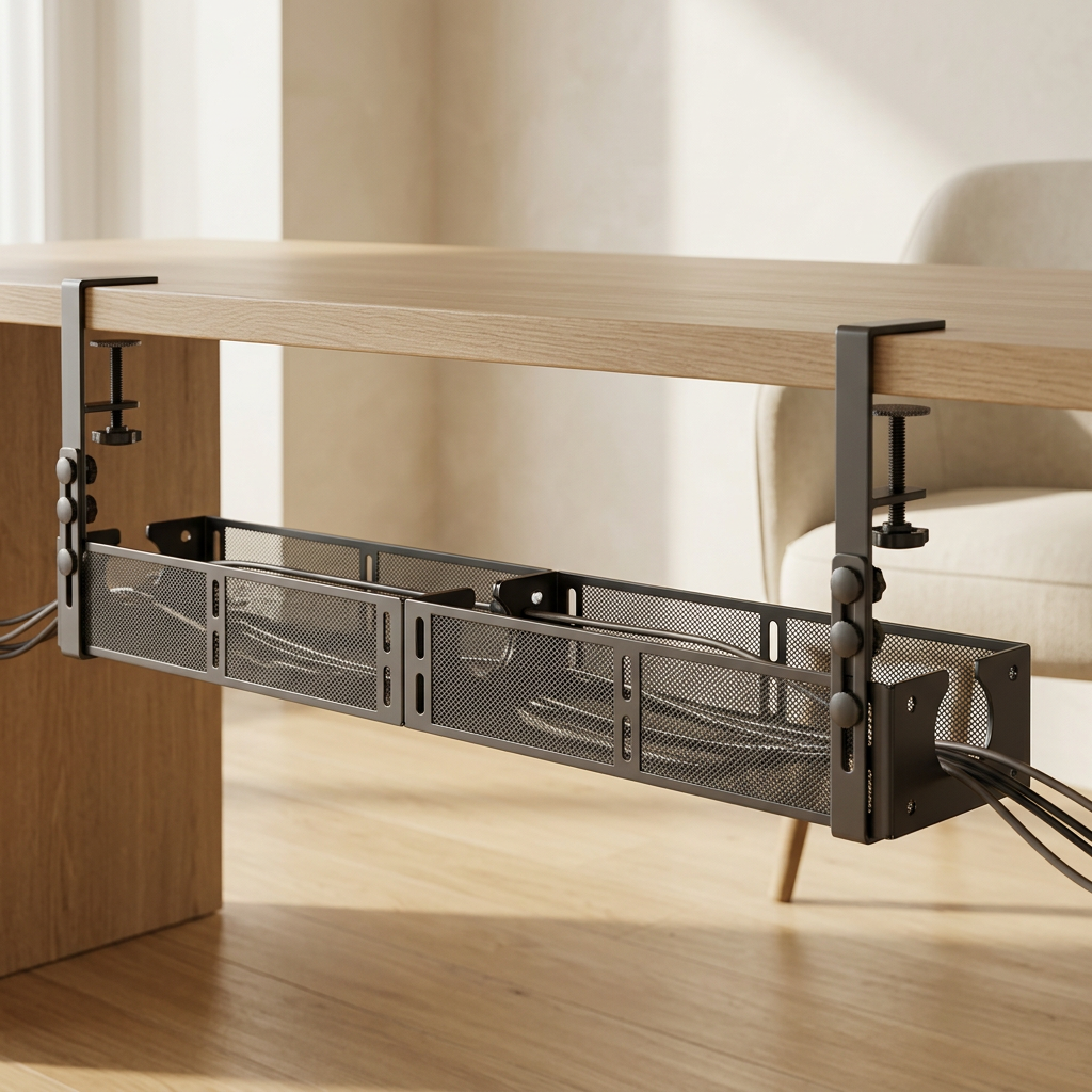 Under-Desk Metal Cable Management Tray, Clamp Mount, 2 Pack