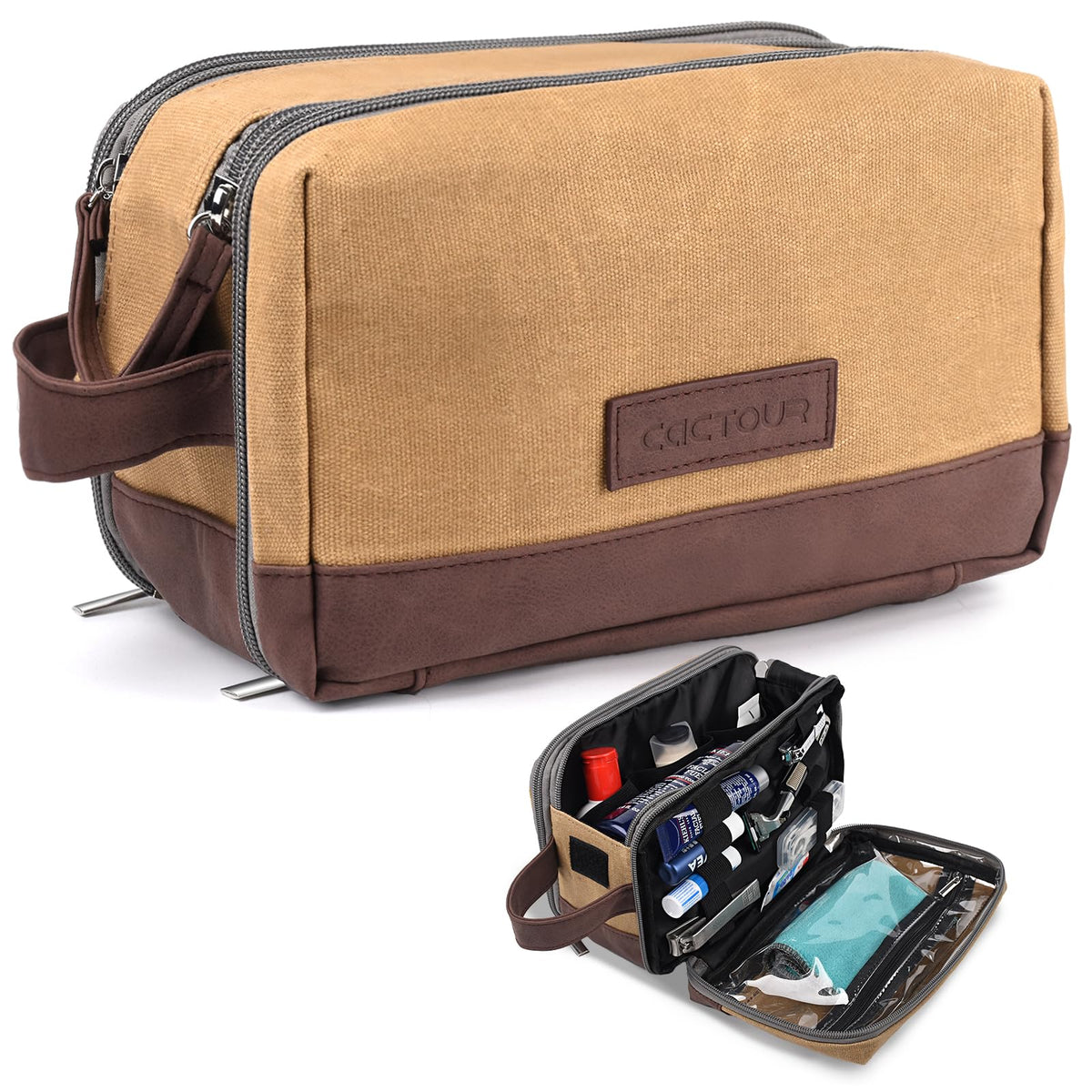Canvas and Leather Dopp Kit with Wet Pocket, Brown