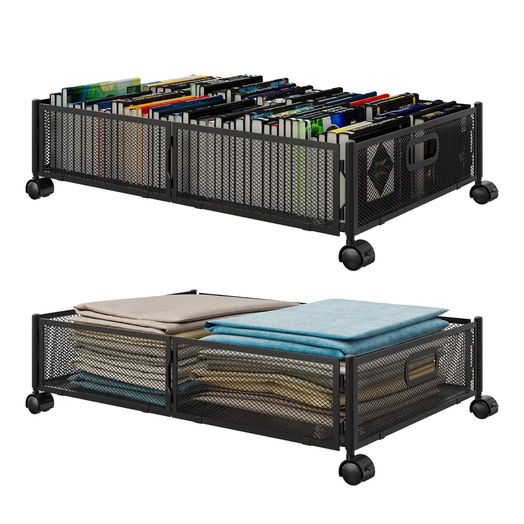 Foldable Metal Rolling Under-Bed Storage Drawers, Set of 2, Black