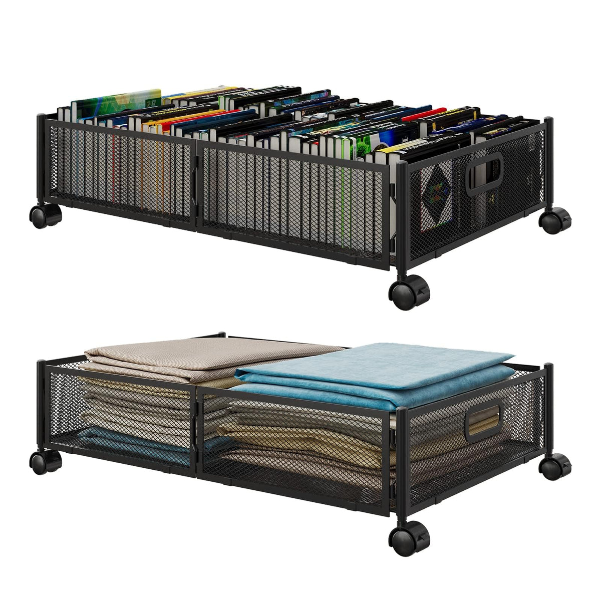 Foldable Metal Rolling Under-Bed Storage Drawers, Set of 2, Black