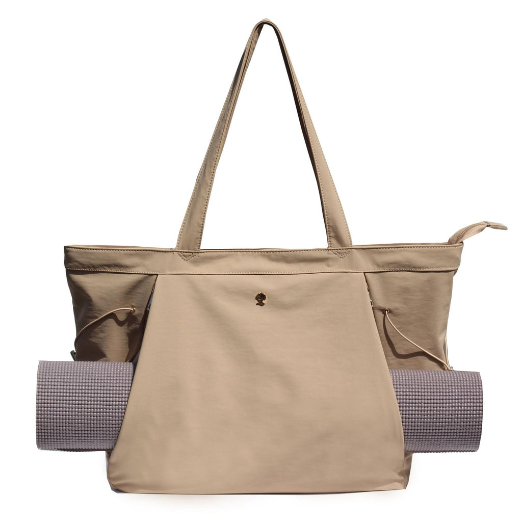 Yoga Tote Bag with Mat Carrier Pocket and Zip Top, Khaki