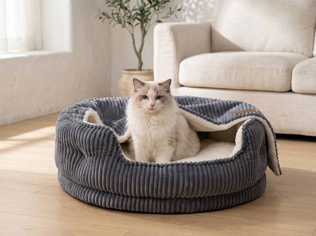 Hooded Cat Bed with Attached Blanket and Removable Pad, Dark Grey