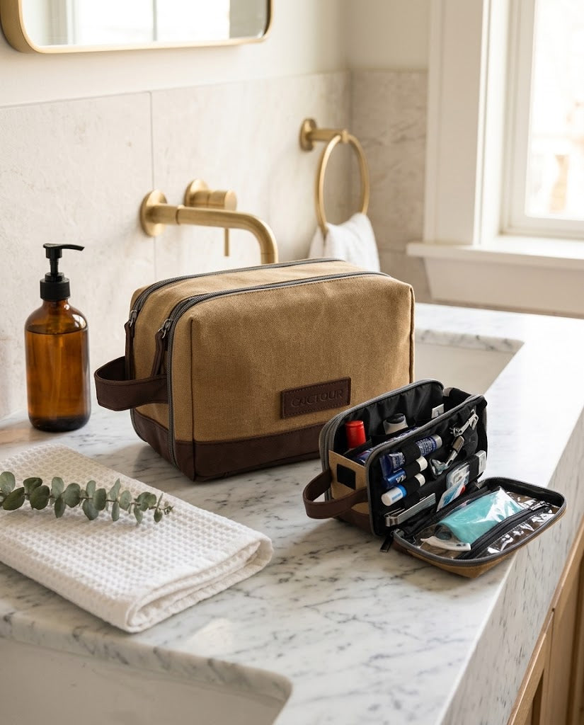 Canvas and Leather Dopp Kit with Wet Pocket, Brown