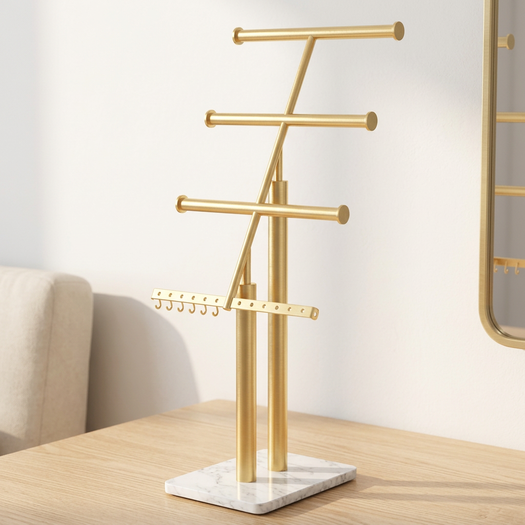 4-Tier Gold Jewelry Tree Stand with Marble Base, 17 in Tall