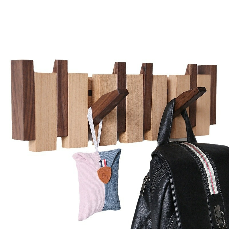 Wall-Mounted Wooden Key and Coat Hook Rack, 4 to 12 Hooks