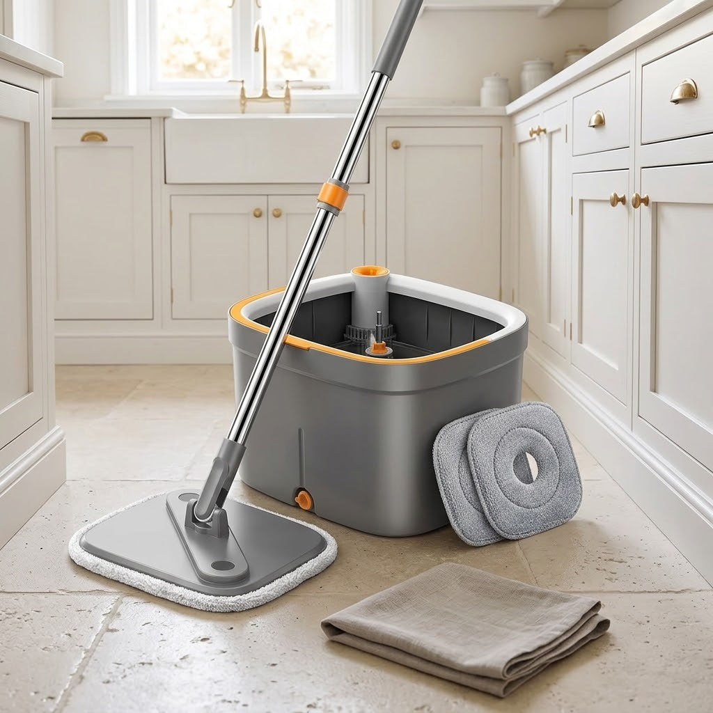 Self-Wringing Spin Mop and Bucket with Clean Water Separation, Dark Grey