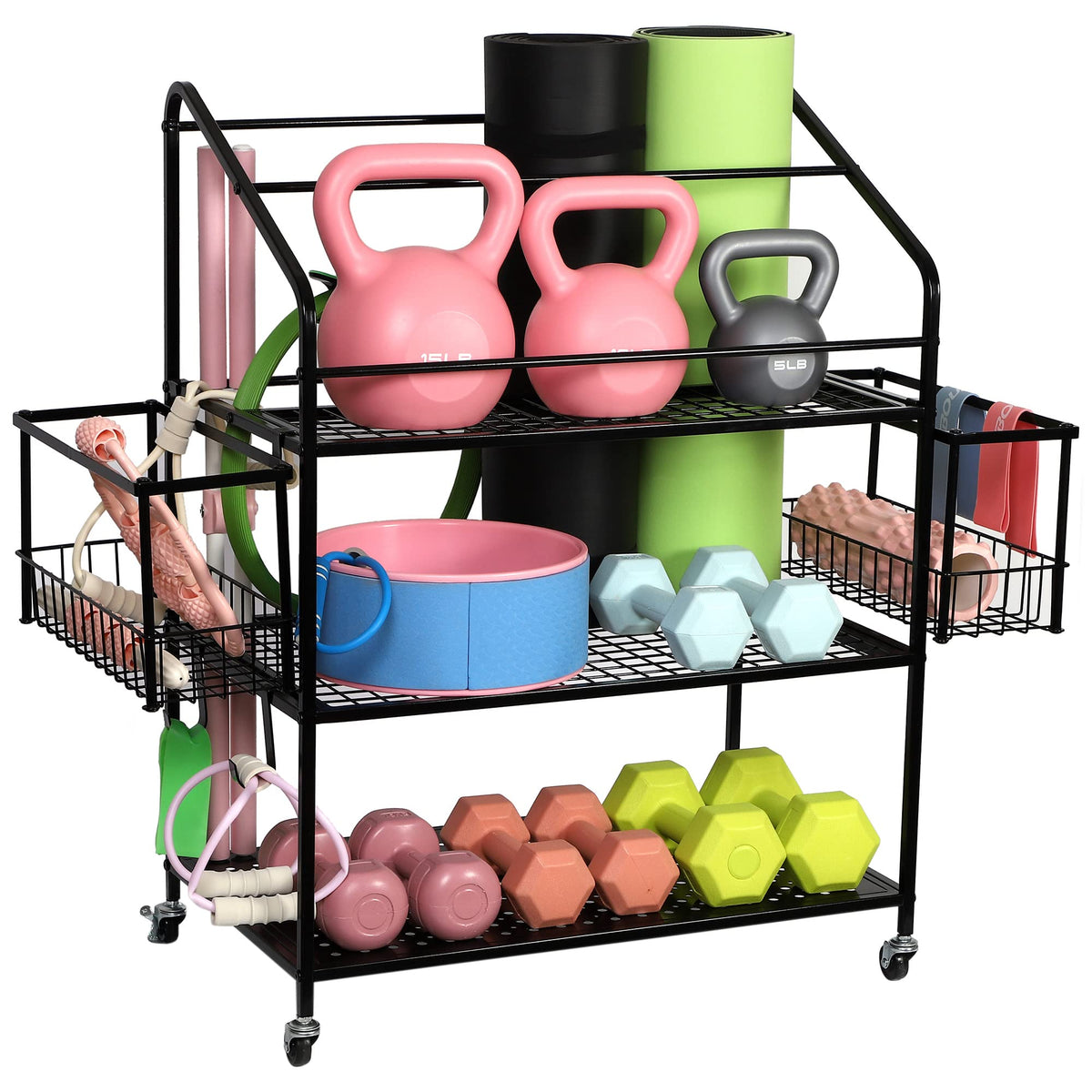 All-Metal Home Gym Storage Rack with Side Baskets and Locking Wheels