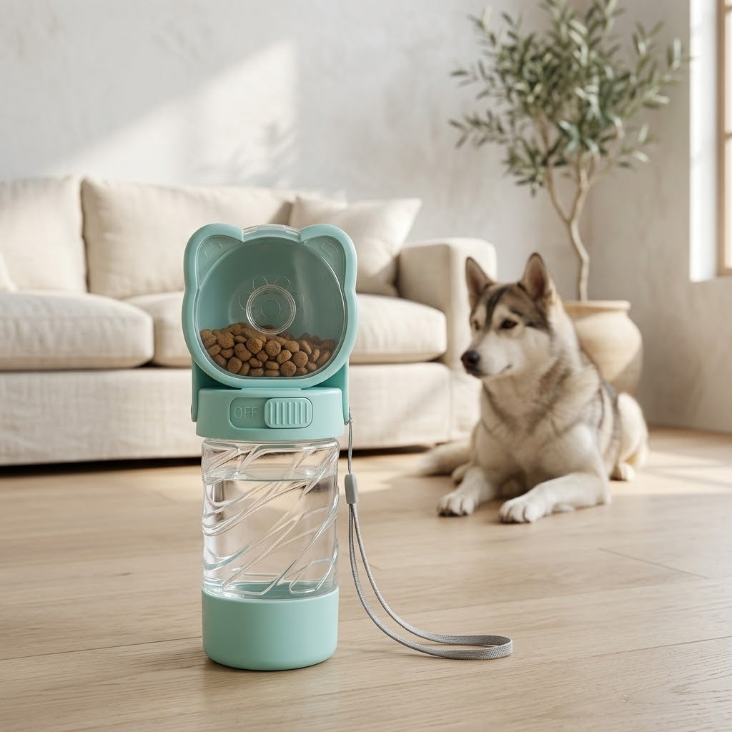 3-in-1 Dog Water Bottle with Food Container and Bag Dispenser, Green