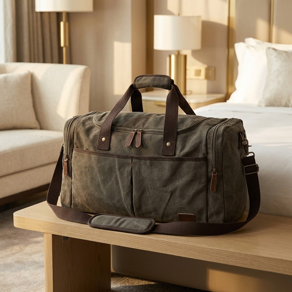 65L Canvas Duffel with Two Shoe Compartments, Light Gray