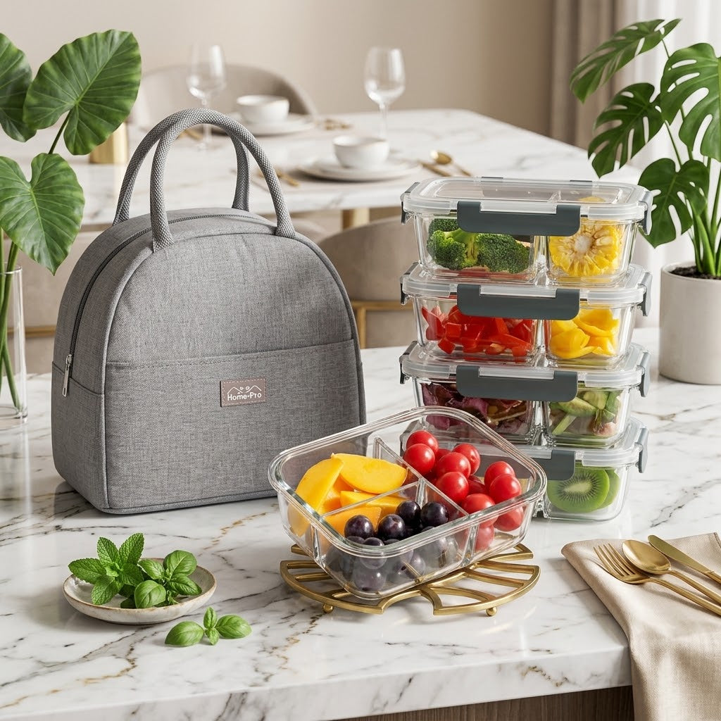 3-Compartment Glass Bento Meal Prep Containers, 36 oz, Gray, Set of 5