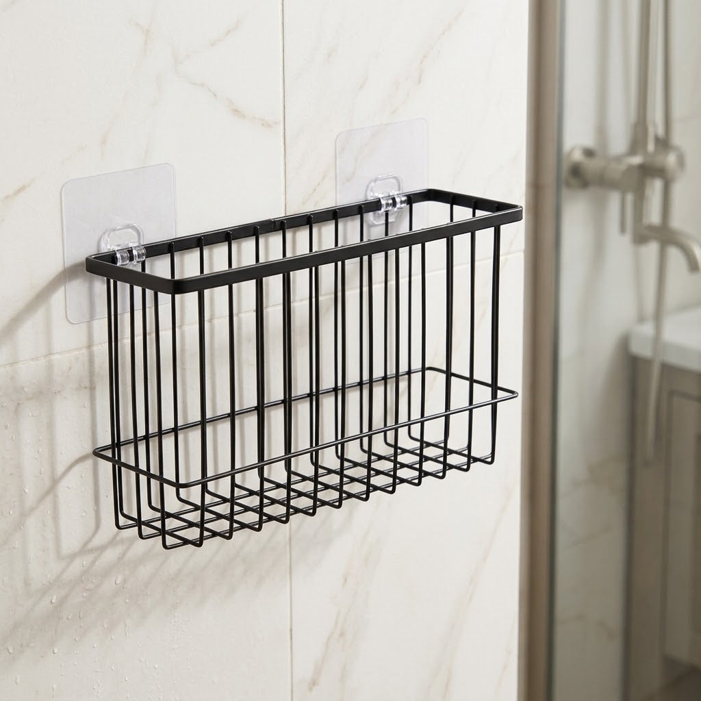 No-Drill Iron Wall Basket Rack with 2 Hooks, Black or White
