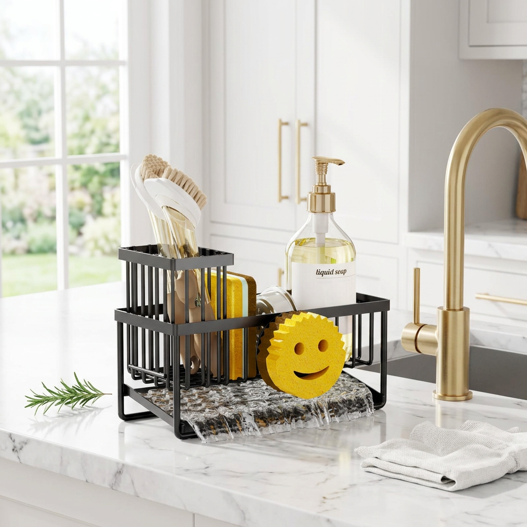 Self-Draining Smiley Sink Caddy, Black Stainless Steel