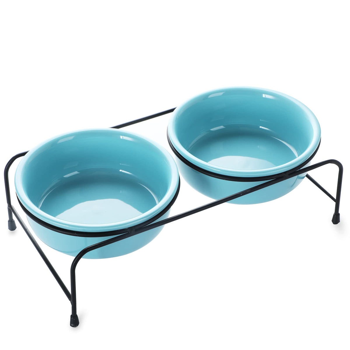 Raised Porcelain Pet Bowls with Metal Stand, 15 oz, Set of 2, Turquoise