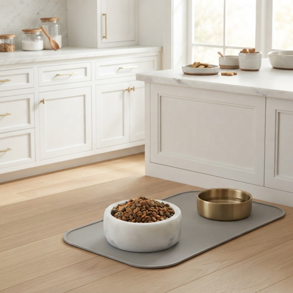 Natural White Marble Pet Bowl with Non-Slip Pad, 4 Cups