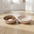 Double Stoneware Pet Diner with Paw Design, 1 Cup per Bowl, Pink