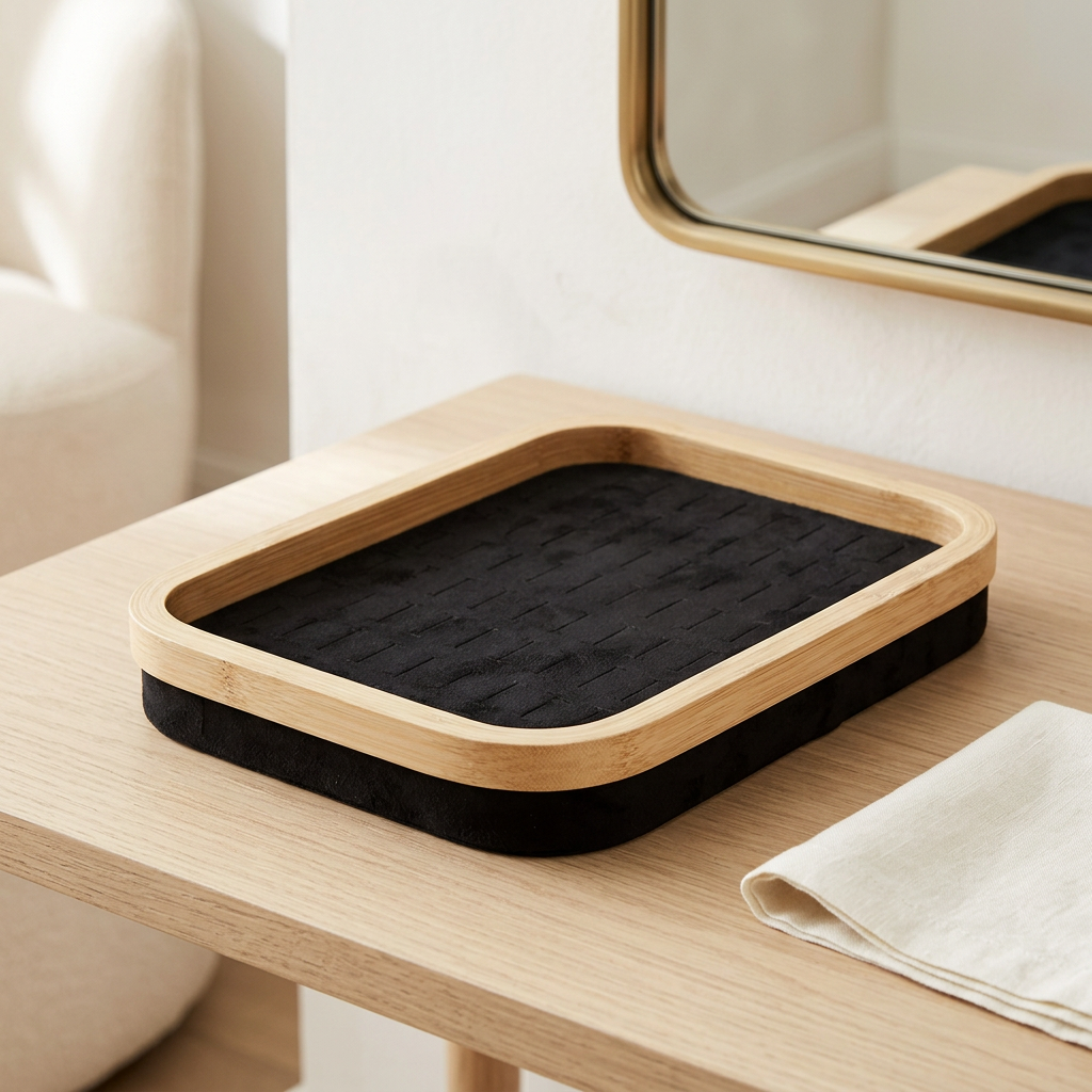 Bamboo Ring Display Tray with 76 Slots, Black Faux Suede