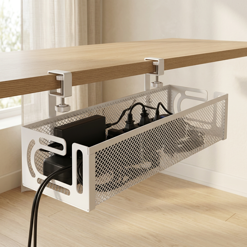 Side-Opening Mesh Under-Desk Cable Tray, No-Drill, White