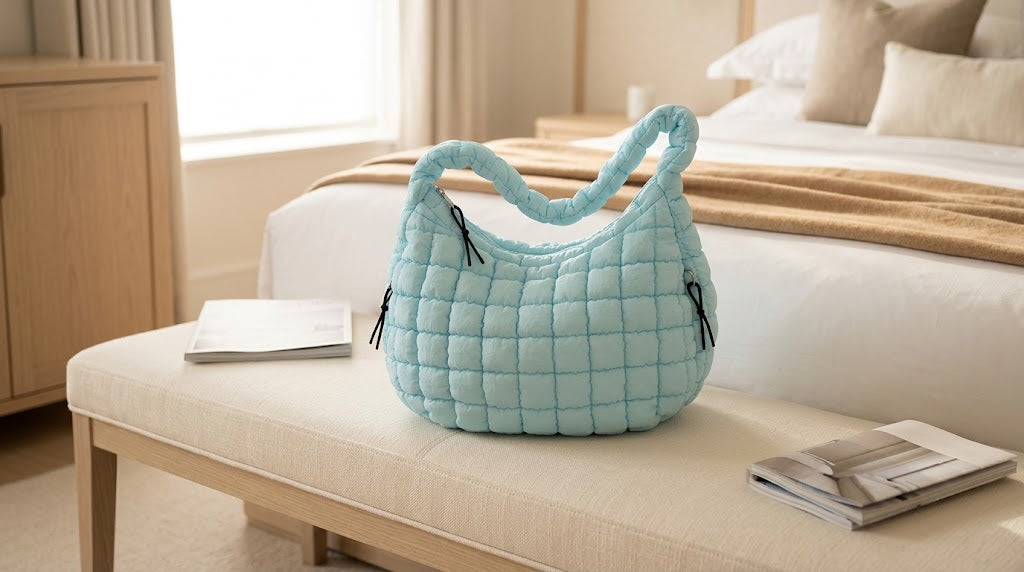 Quilted Puffer Tote and Crossbody Bag, Cyan