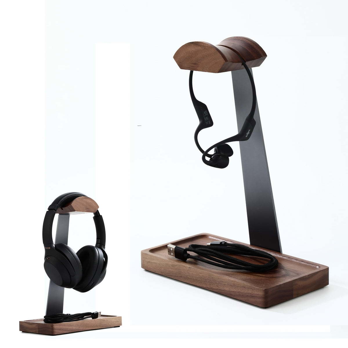 Walnut Headphone Stand with Storage Tray Base