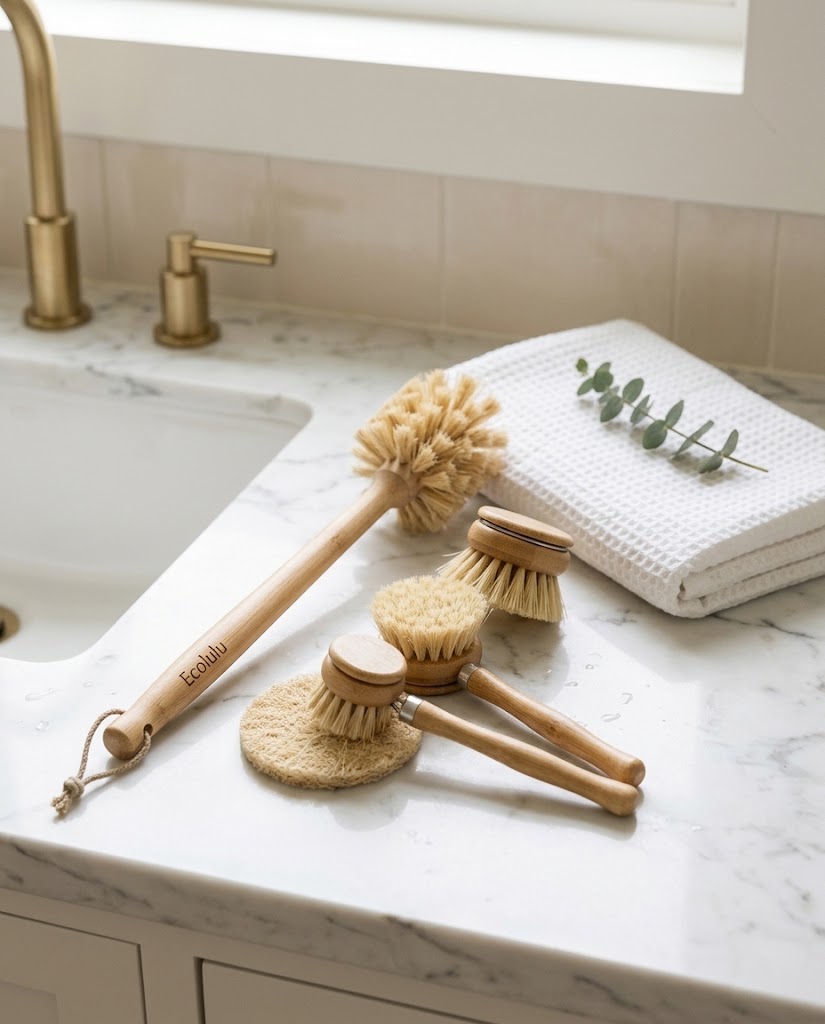 Beechwood Dish and Bottle Brush Set with Replacement Heads, 4 Pieces