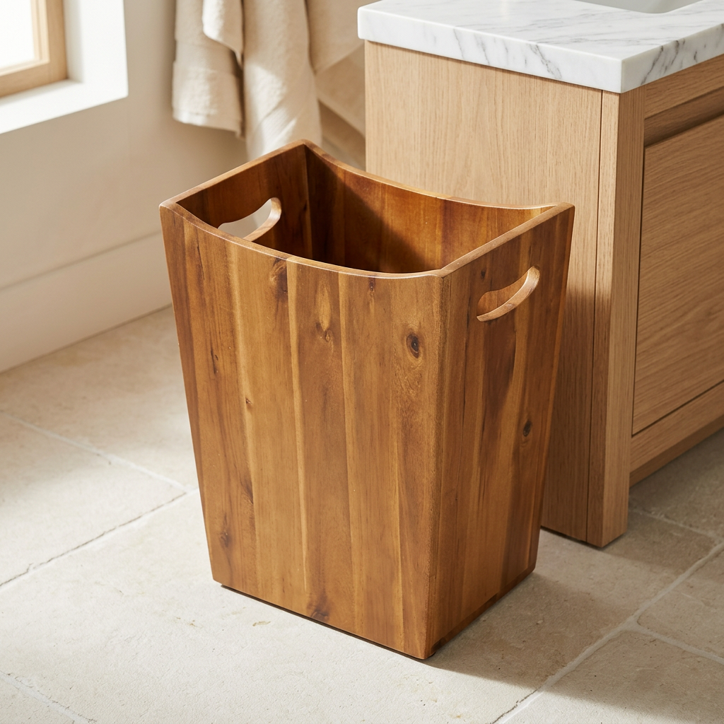 Acacia Wood Rectangular Wastebasket with Handles, 2 Gallon