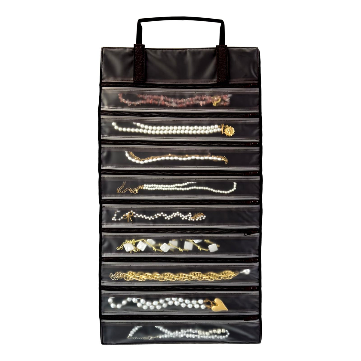 Velvet Travel Jewelry Roll with 9 Zipped Pockets, Coffee
