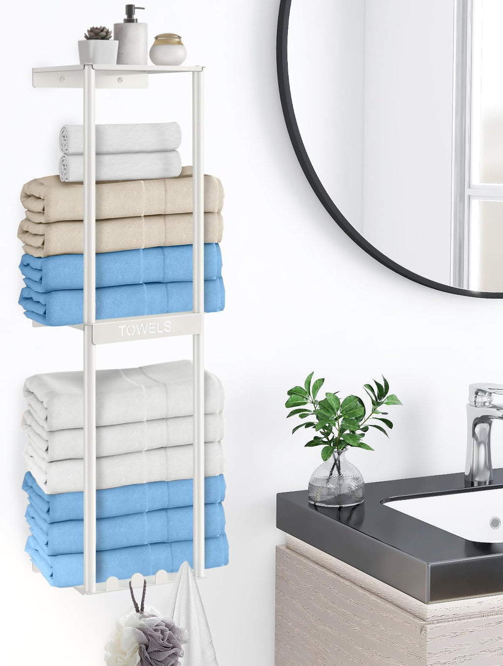 3-Tier Wall-Mounted Towel Rack for Rolled Towels with 4 Hooks, White