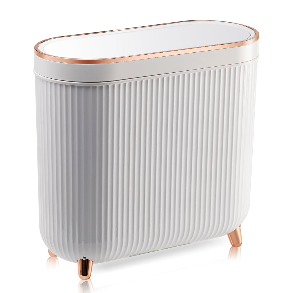 Narrow Bathroom Trash Can with Press-Top Lid, 3.2 Gallon, Milk White