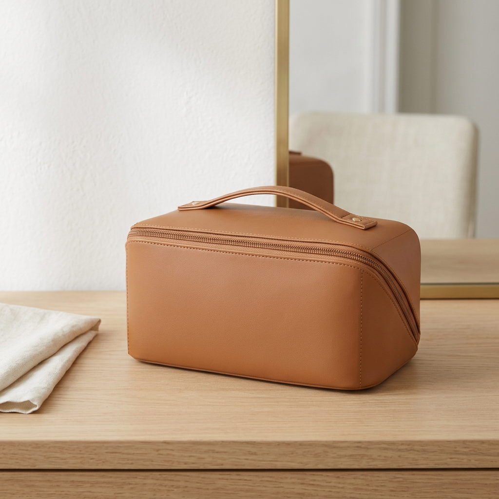 Wide Open Flat Makeup Bag with Divider and Handle, PU Leather, Brown