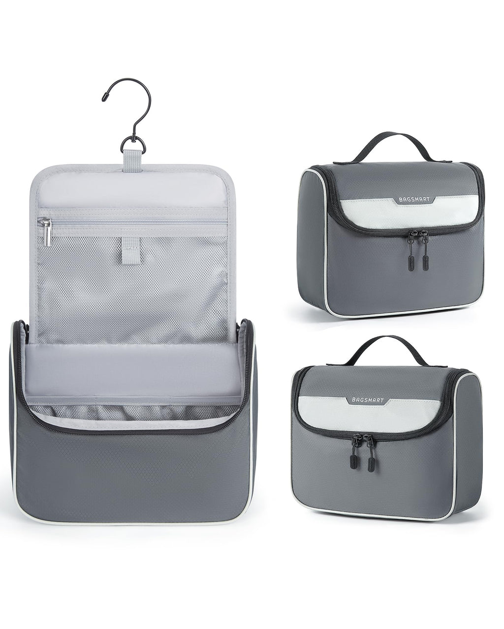 Toiletry Bag with 360-Degree Swivel Hook and 8 Compartments, Grey