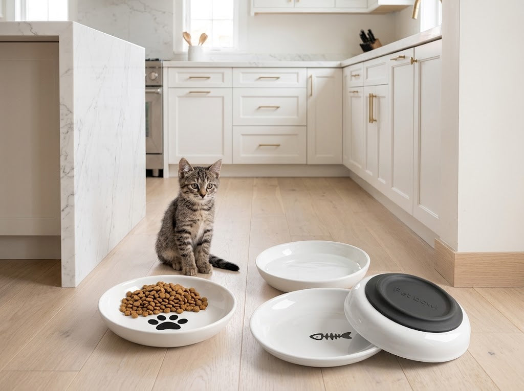 Shallow Ceramic Cat Bowls with Non-Slip Silicone Base, 3 Pack