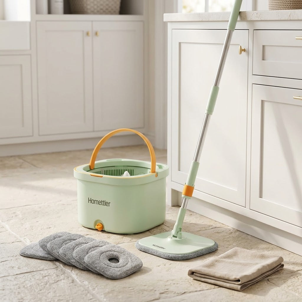 Spin Mop and Double Bucket with 6 Microfiber Pads, 52 in Mop